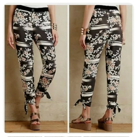 Anthropologie Elevenses Floral Tie Ankle Pants Women's Size Large (See Pics) - Picture 1 of 11